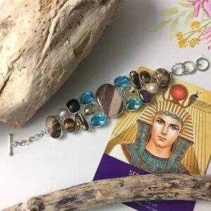 Agate, Blue Topaz, Pearl Mix Gemstone Sterling Silver Toggle Bracelet